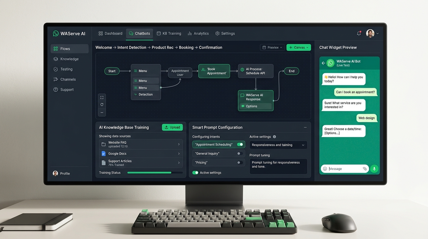 WAServe AI Chatbot Workflow Builder Interface