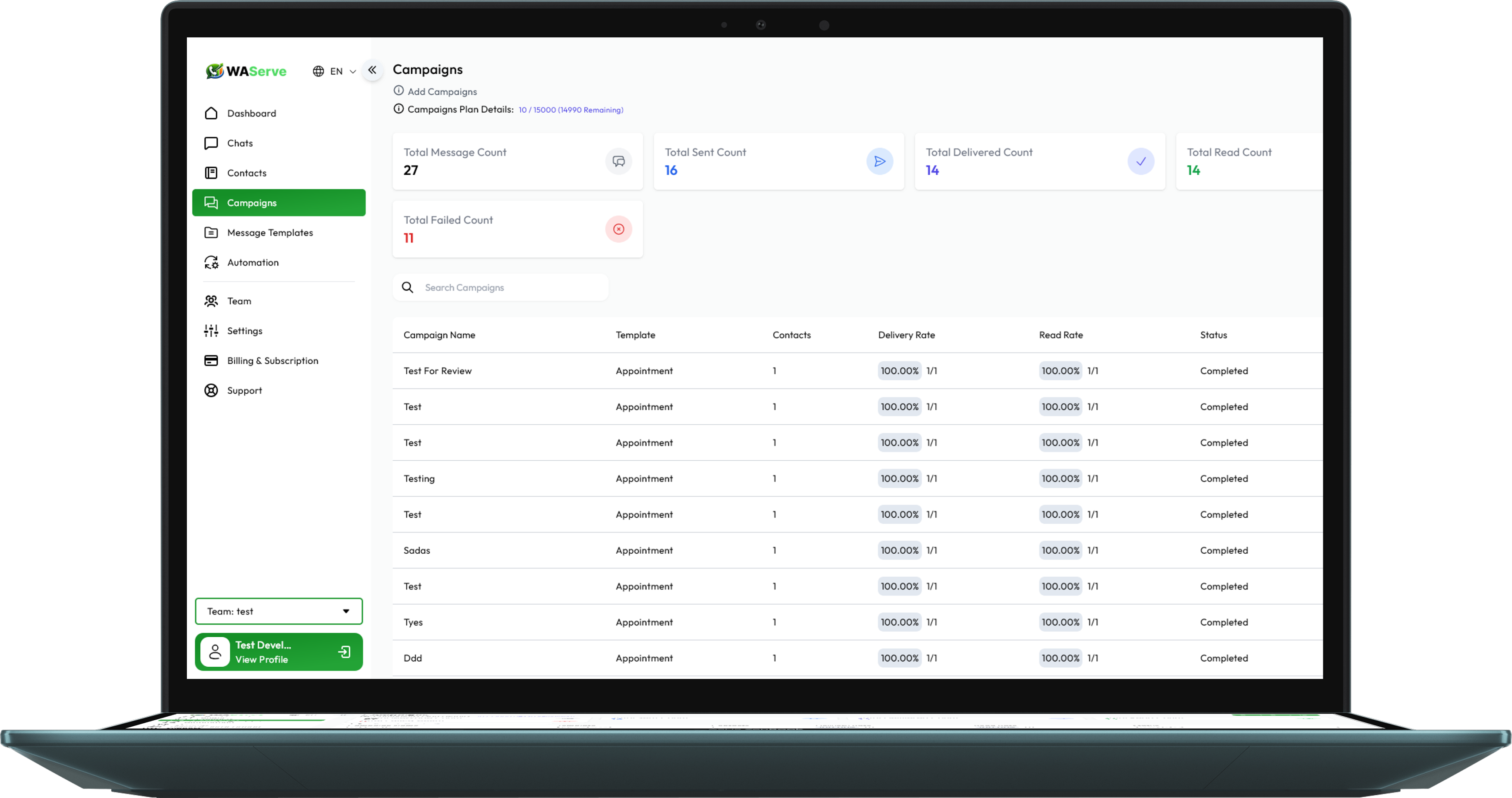 WAServe SaaS Dashboard Interface on Laptop